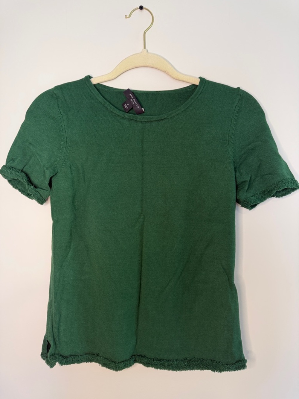 Ann Taylor Forest Green Short Sleeve Knit Top with ruffle detail